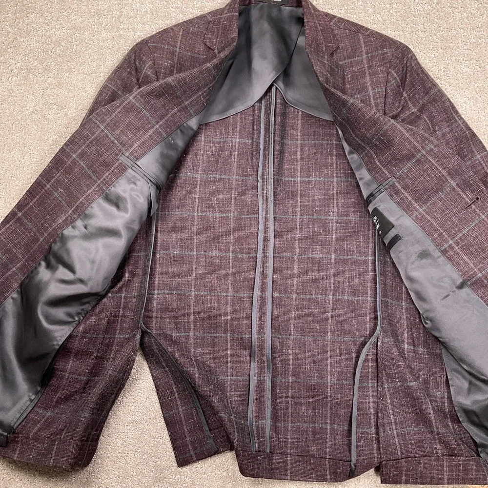 Nordstrom Blazer Mens 36R Plum Plaid Trim Fit Quiet Luxury Wool/Silk/Linen